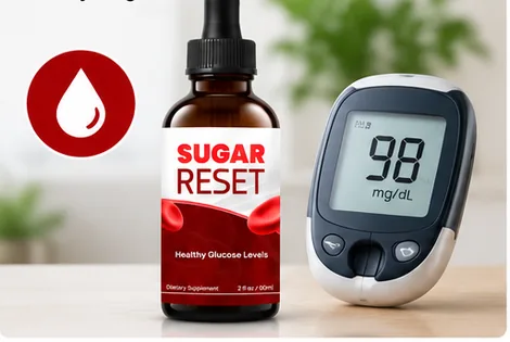 A blood glucose meter showing 98 mg/dL next to a bottle of Sugar Reset
