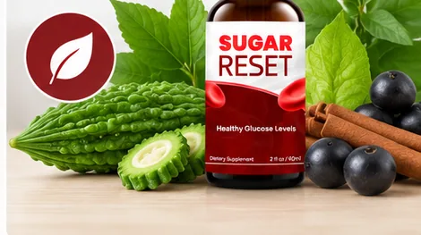 Bitter melon, dark berries and cinnamon arranged beside a bottle of Sugar Reset