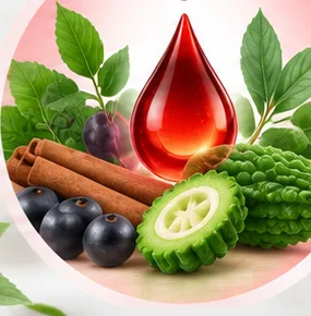 Botanicals, a red drop and cinnamon bark on a pale background